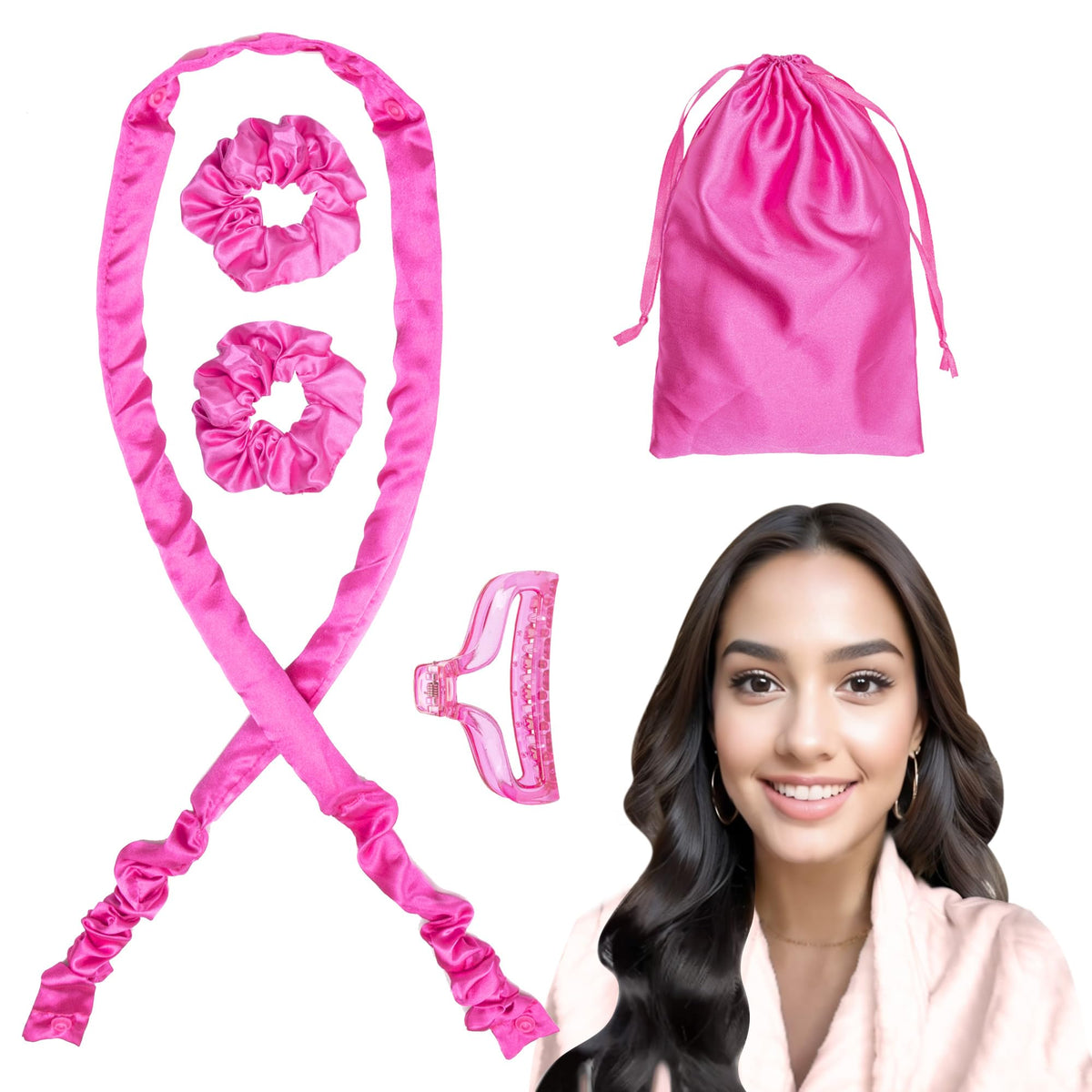 Satin heatless curling set wrapped through long hair before bed