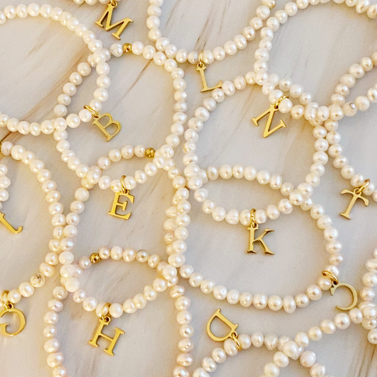 Freshwater Pearl Initial Charm Bracelet for Women – 18k Gold-Plated Letter Charm, Gift for Her