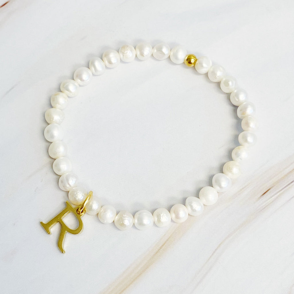 Freshwater Pearl Initial Charm Bracelet for Women – 18k Gold-Plated Letter Charm, Gift for Her