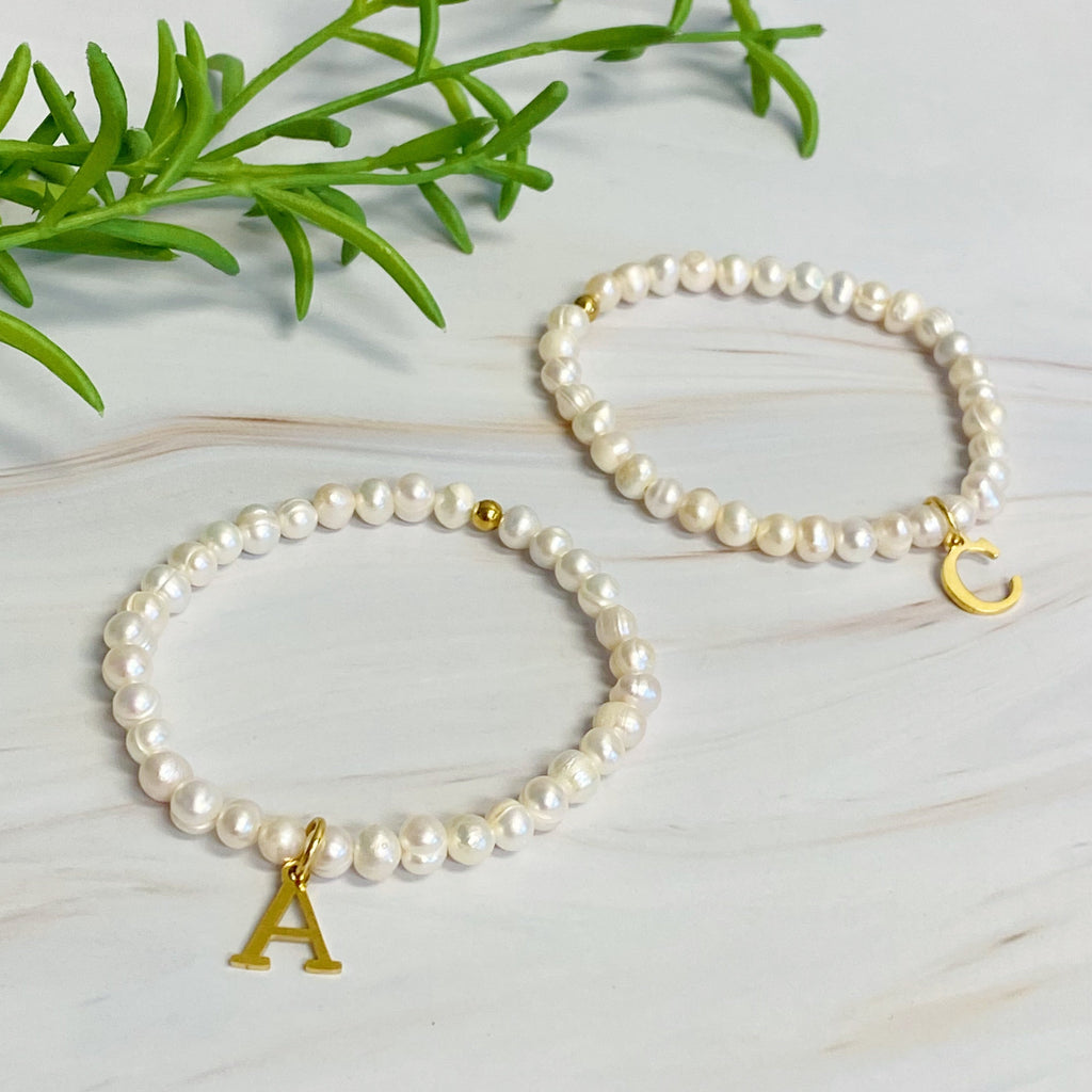 Freshwater Pearl Initial Charm Bracelet for Women – 18k Gold-Plated Letter Charm, Gift for Her