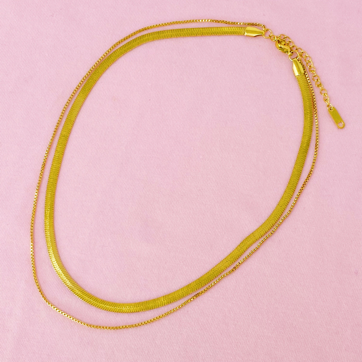 Layered Herringbone Chain Necklace for Women – Gold-Plated Double Chain, Gift for Her
