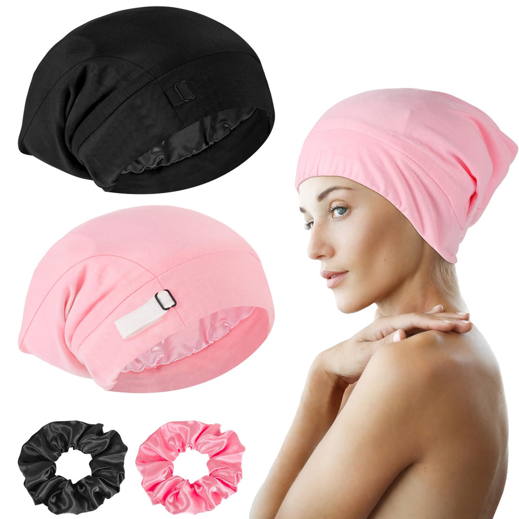 Satin Sleep Bonnet – 2-Pack Adjustable Hair Bonnets with Scrunchies, Gift for Women