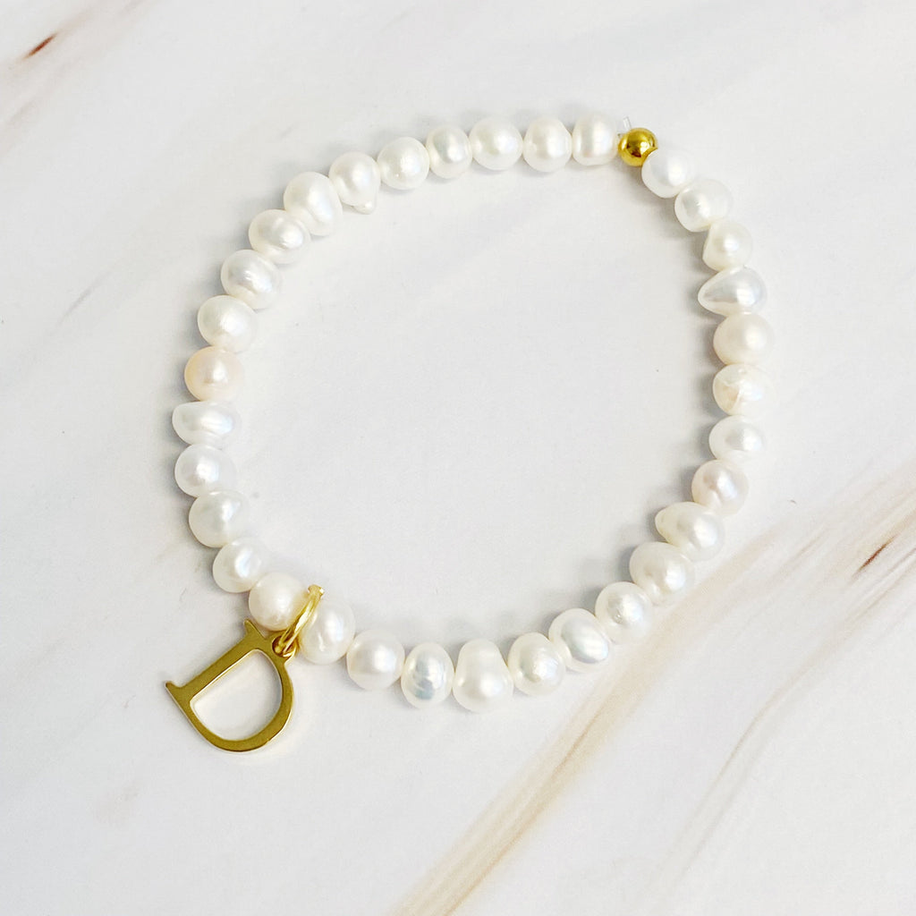 Freshwater Pearl Initial Charm Bracelet for Women – 18k Gold-Plated Letter Charm, Gift for Her