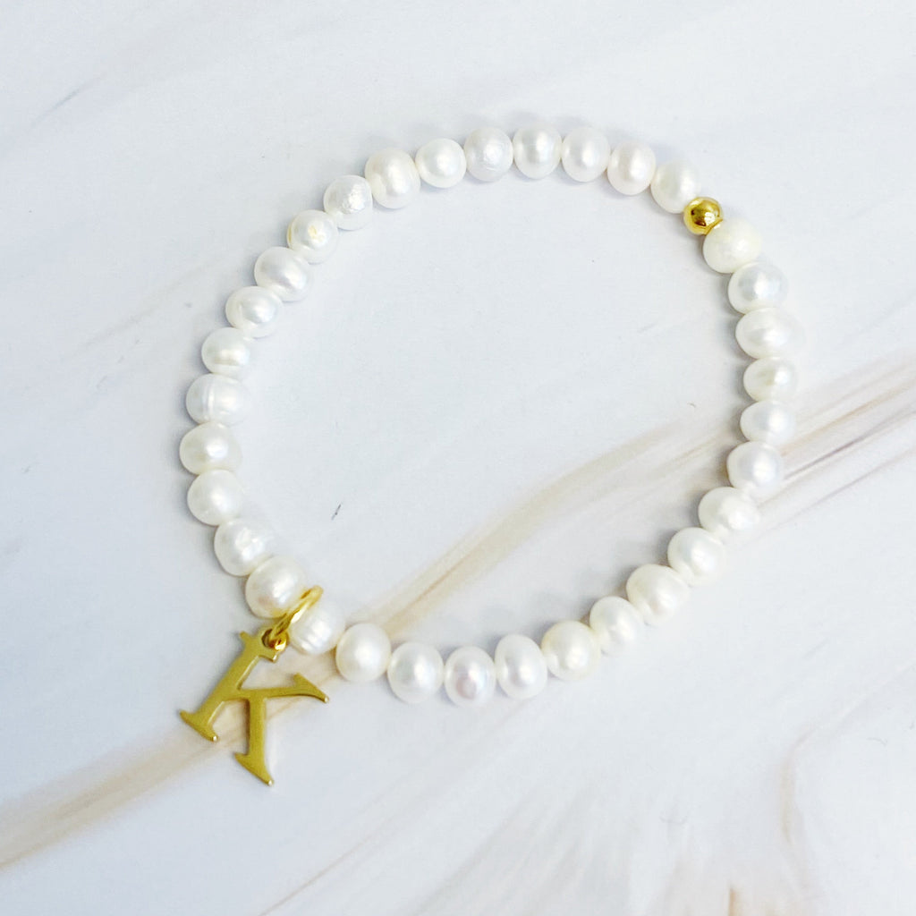Freshwater Pearl Initial Charm Bracelet for Women – 18k Gold-Plated Letter Charm, Gift for Her