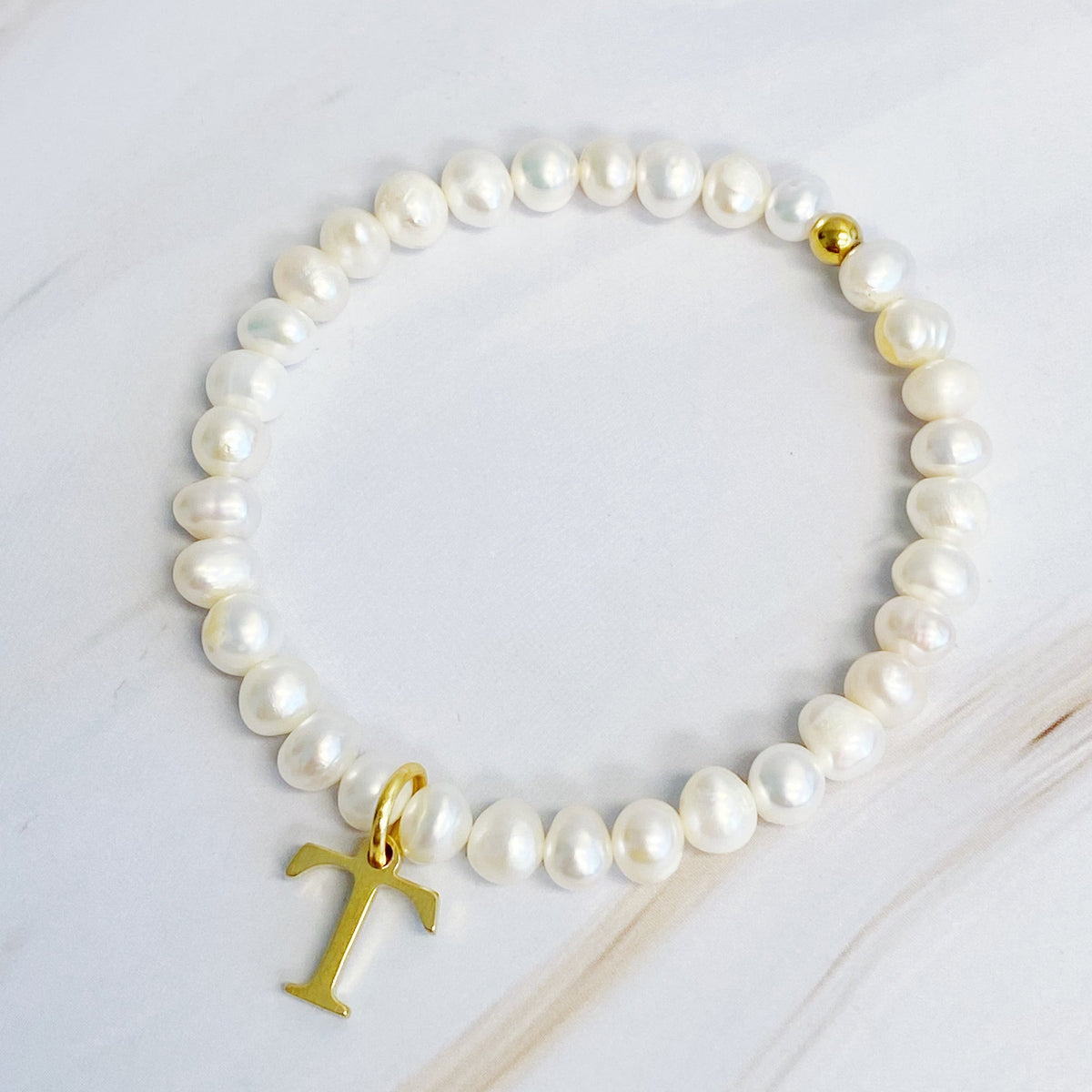 Freshwater Pearl Initial Charm Bracelet for Women – 18k Gold-Plated Letter Charm, Gift for Her