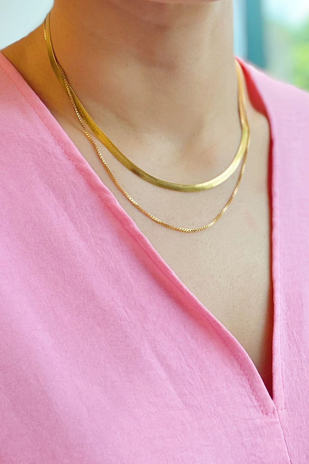Layered Herringbone Chain Necklace for Women – Gold-Plated Double Chain, Gift for Her
