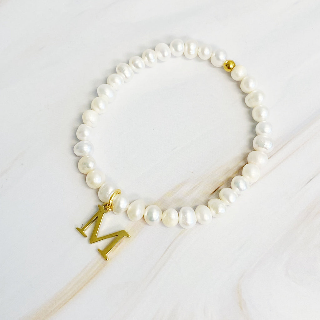 Freshwater Pearl Initial Charm Bracelet for Women – 18k Gold-Plated Letter Charm, Gift for Her