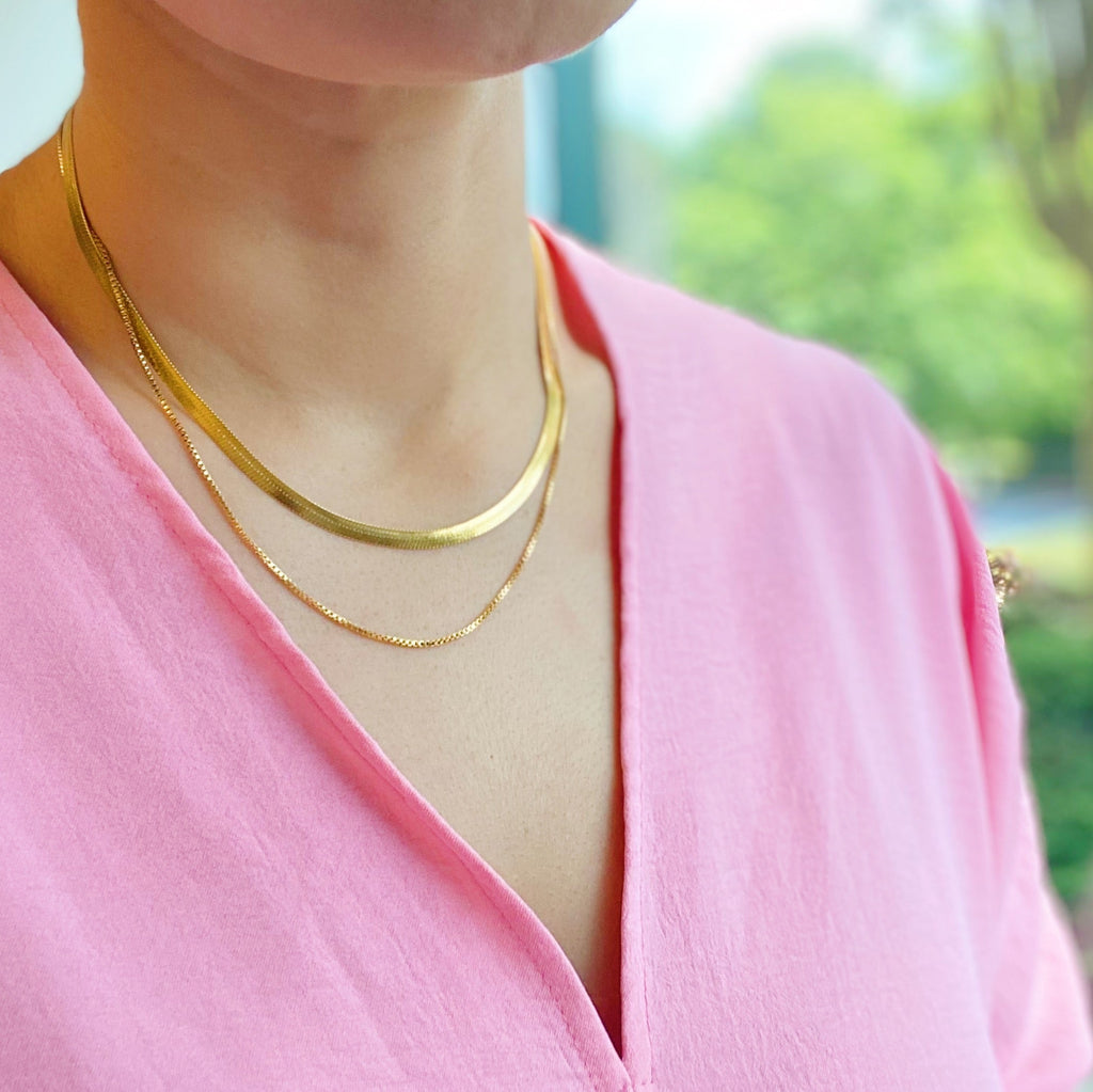 Layered Herringbone Chain Necklace for Women – Gold-Plated Double Chain, Gift for Her