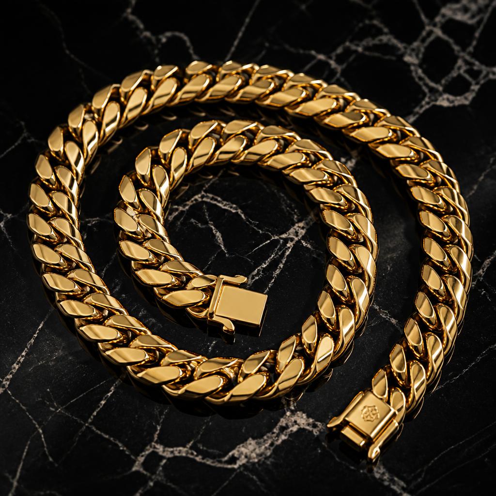 Gold Cuban link chain on black marble
