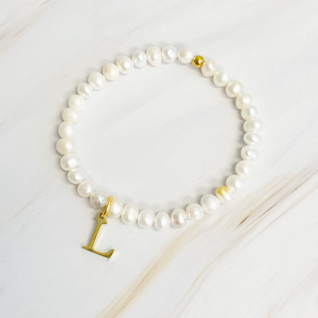 Freshwater Pearl Initial Charm Bracelet for Women – 18k Gold-Plated Letter Charm, Gift for Her