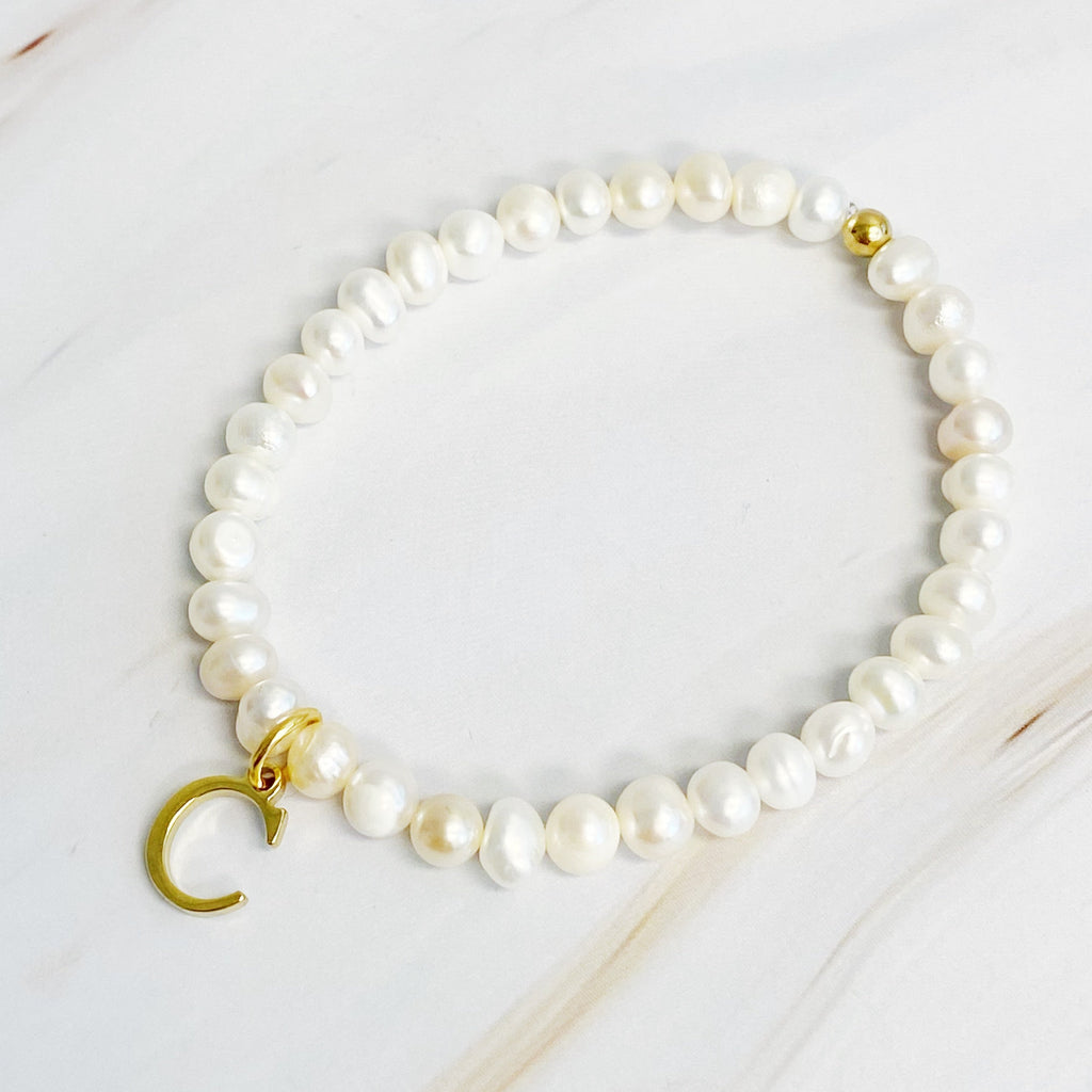 Freshwater Pearl Initial Charm Bracelet for Women – 18k Gold-Plated Letter Charm, Gift for Her