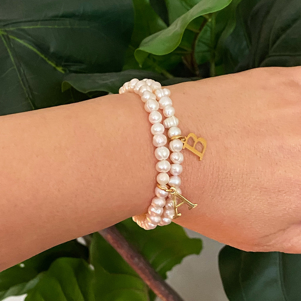Freshwater Pearl Initial Charm Bracelet for Women – 18k Gold-Plated Letter Charm, Gift for Her
