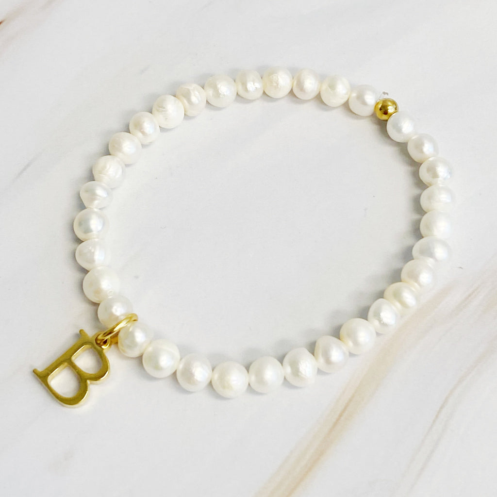 Freshwater Pearl Initial Charm Bracelet for Women – 18k Gold-Plated Letter Charm, Gift for Her