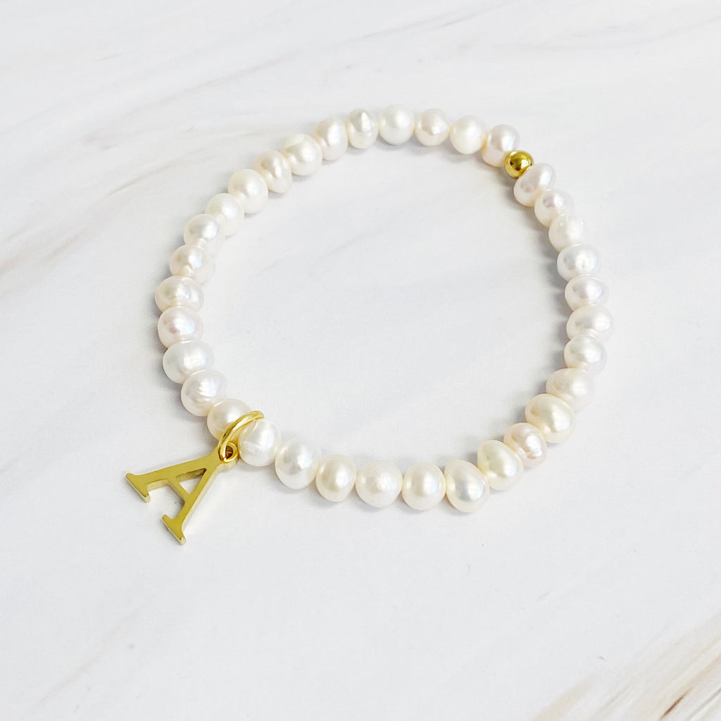 Freshwater Pearl Initial Charm Bracelet for Women – 18k Gold-Plated Letter Charm, Gift for Her