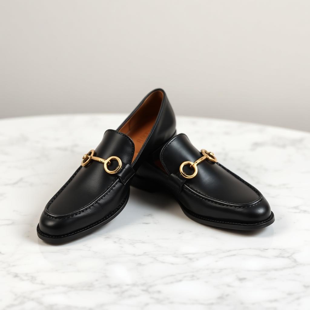 Black leather horsebit loafers with gold hardware