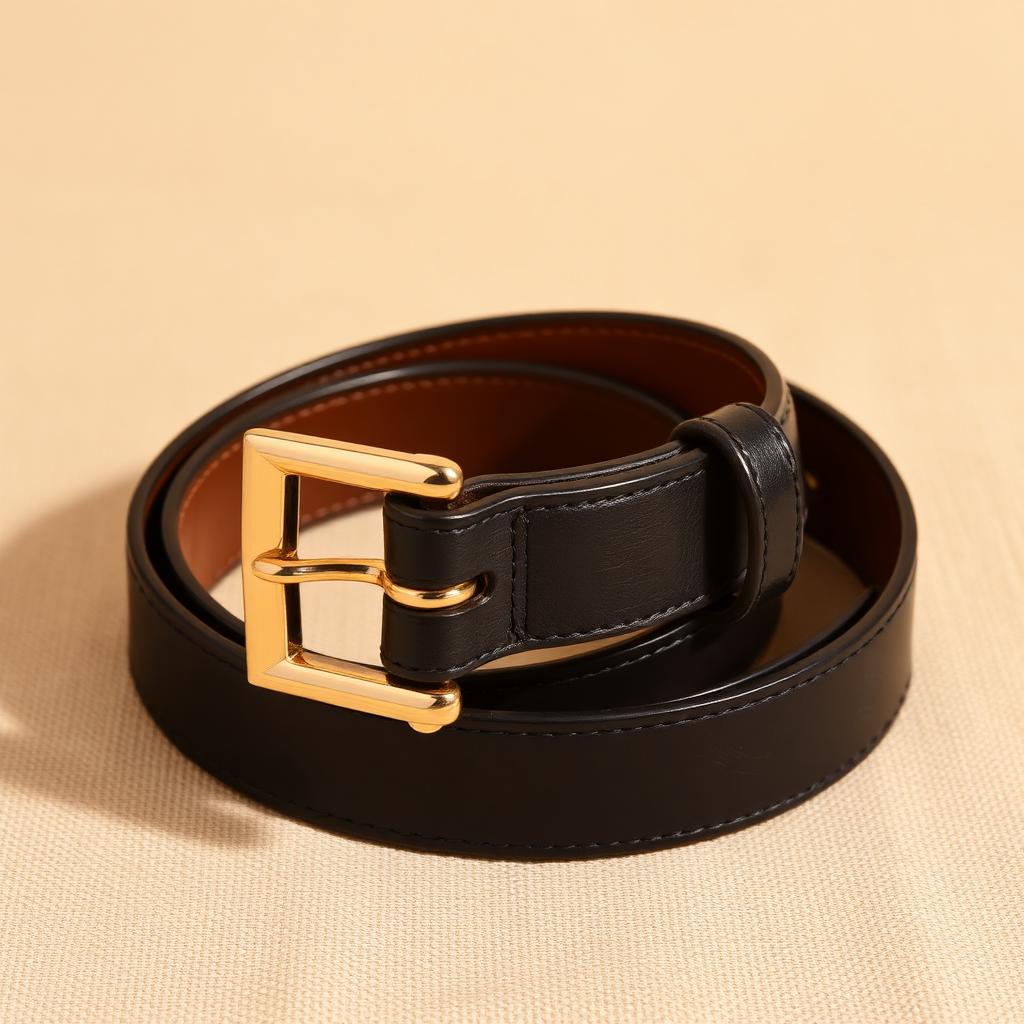 Black bridle leather belt with gold square buckle