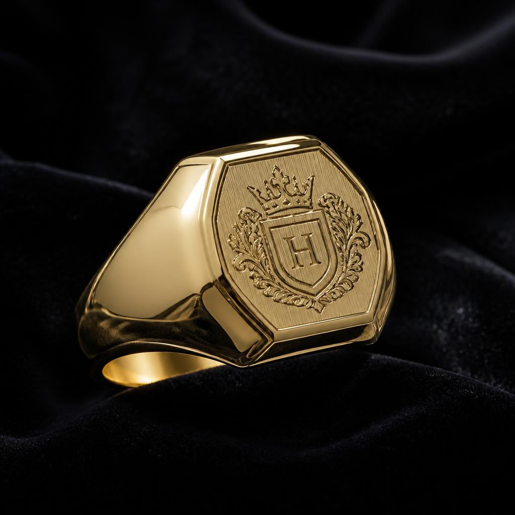 Polished gold signet ring with engraved crest