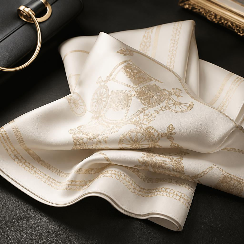 Ivory silk scarf with gold monogram pattern