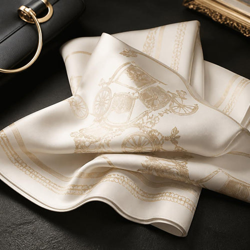 Ivory silk scarf with gold monogram pattern