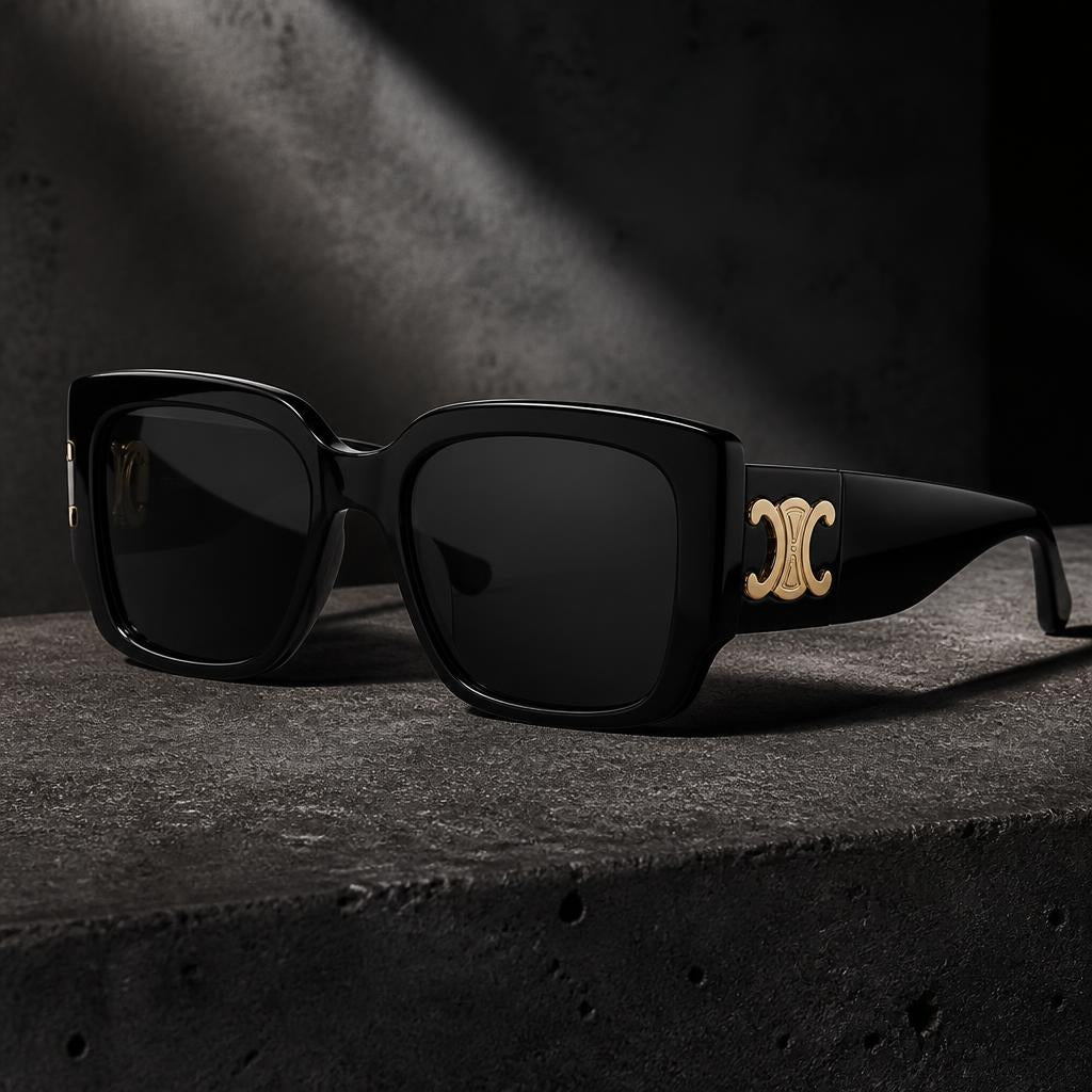 Black oversized acetate sunglasses with gold detail
