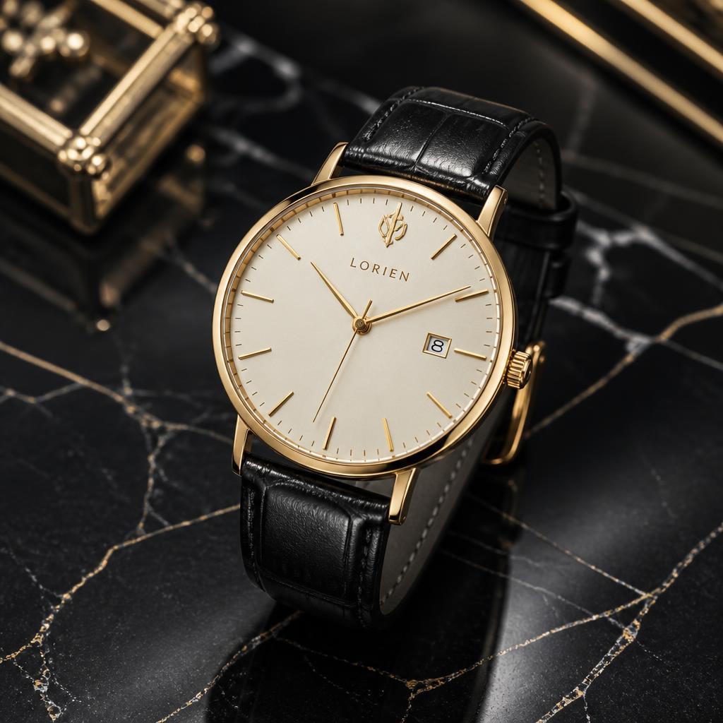 Gold dress watch with black leather strap